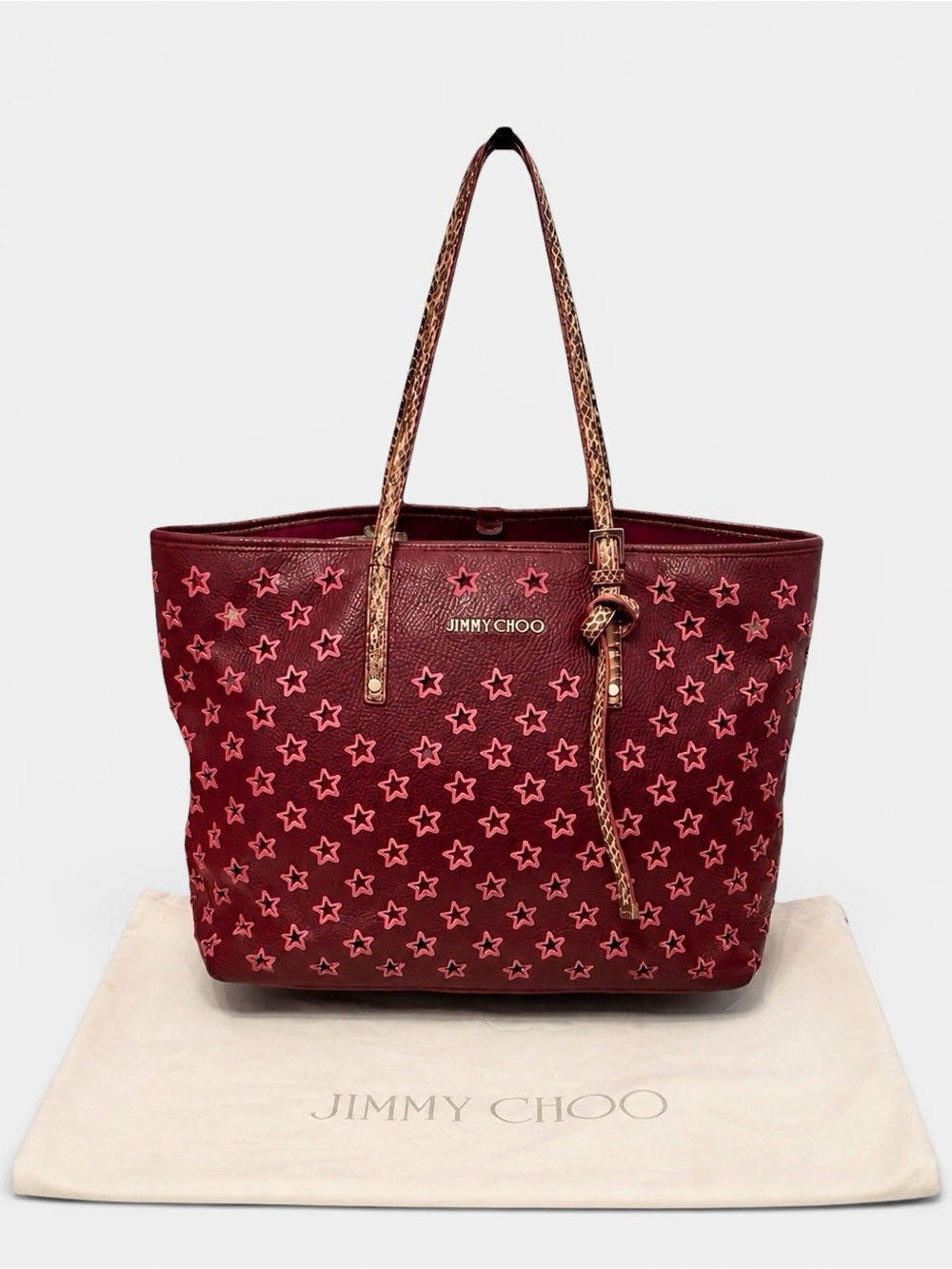 Jimmy Choo Sasha Star Burgundy Leather Tote Snakeskin Straps with Dust Bag